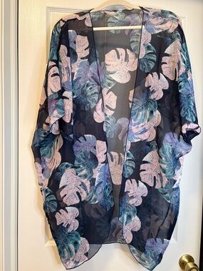 Sheer Tropical Leaf Kimono or Coverup - Navy with Teal, Pink & Lavender Leaves